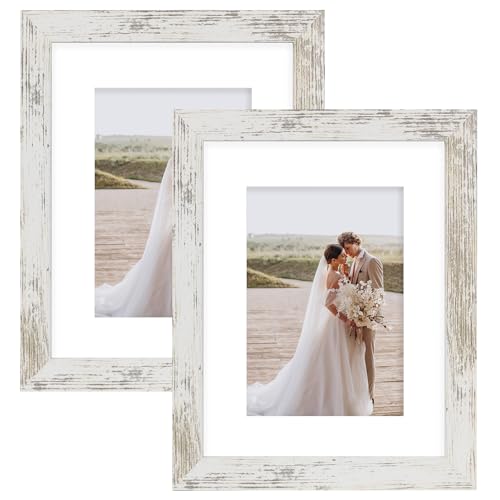 Hongkee 8x10 Picture Frame Set of 2, Made of Real Glass and Distressed White Wooden Frame - Display Picture 5x7 with Mat o...