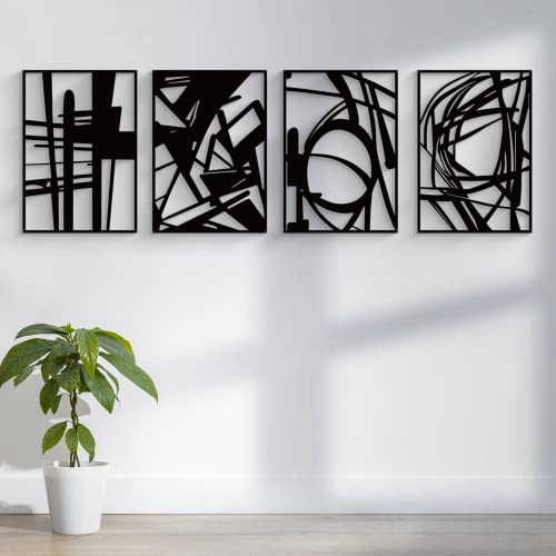 Glamativity 4 Pack Black Abstract Metal Wall Art, Minimalist Décor Single Line Art Wall Décor, 3D Textured Metal Wall Scul...