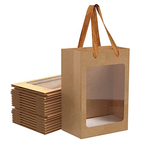 BallHull 12 Pcs Brown Paper Gift Bags with Transparent Window, 9.84"x7.0"x5.12" Kraft Shopping Bags with Handles for Bouqu...