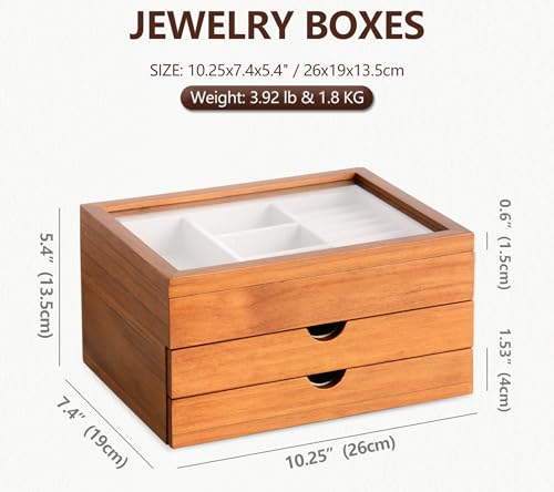 Clasin Home Jewelry Box with Glass Lid, 3 Layer Jewelry Organizer for Women, Solid Wooden Jewelry Box Display for Ring Ear...