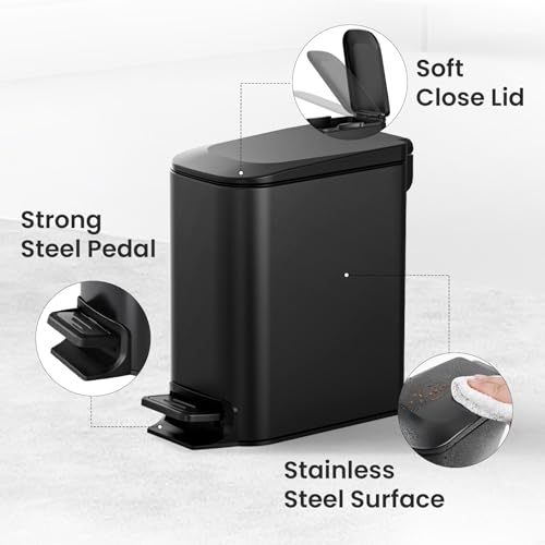 Cesun Small Bathroom Trash Can with Lid Soft Close, Step Pedal, 6 Liter / 1.6 Gallon Stainless Steel Garbage Can with Remo...