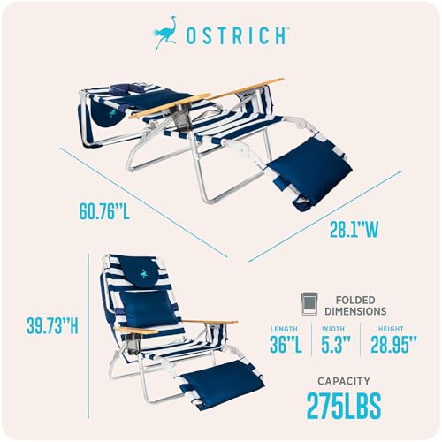 Ostrich the Deluxe 3N1 Lightweight Lawn Beach Reclining Lounge Chair with Footrest, Outdoor Furniture for Patio, Balcony, ...
