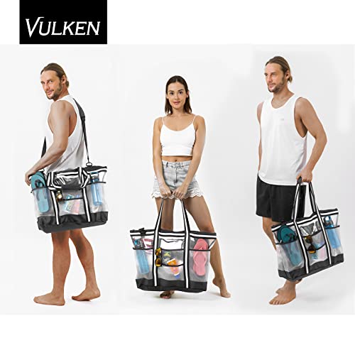 Vulken 42L Extra Large Mesh Beach Bag. 9 Pockets Top Zip Tote Bag Shoulder Bag