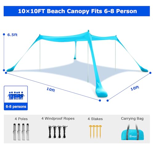 COMMOUDS Beach Tent Sun Shelter - UPF50+ Pop Up Beach Canopy with Sandbags & Sand Shovel & Windproof Poles, Portable Sun S...