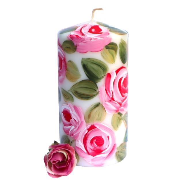 Romantic Decorative Unscented Dripless 6 Inch Tall Decorative Large White Pillar Candle with Hand Painted Pink Roses Shabb...