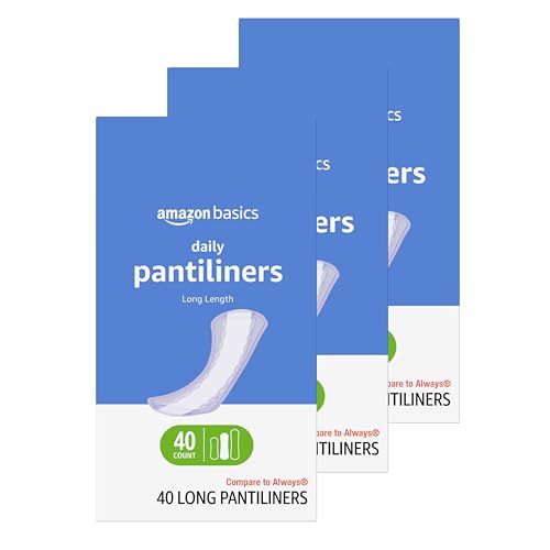 Amazon Basics Daily Pantiliner, Long Length, Feminine Pads for Women, Unscented, Comfortable Thin, 120 Count (3 Packs of 4...