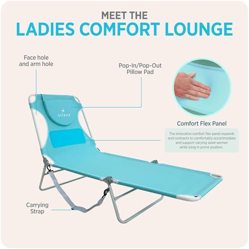 Ostrich the Ladies Comfort Lounger with Chest Support, Foldable and Portable Reclining Outdoor Patio Beach Lawn Camping Po...