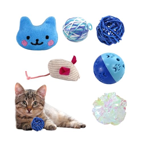 Andiker 6Pcs Cat Toy Pack, Cats Toy Set with Crinkle Balls, Pet Bell Balls, Pet Mouse Toy and Rattan Ball Stimulate Cats H...