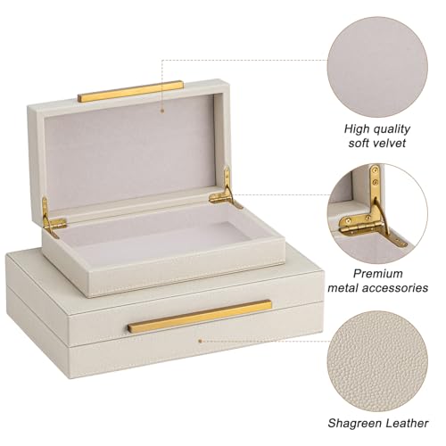 XIGEXIGE Faux Leather Large Modern Stackable Nesting Jewelry Box with Lids Organizer – Set of 2 Beige Shagreen Decorative ...