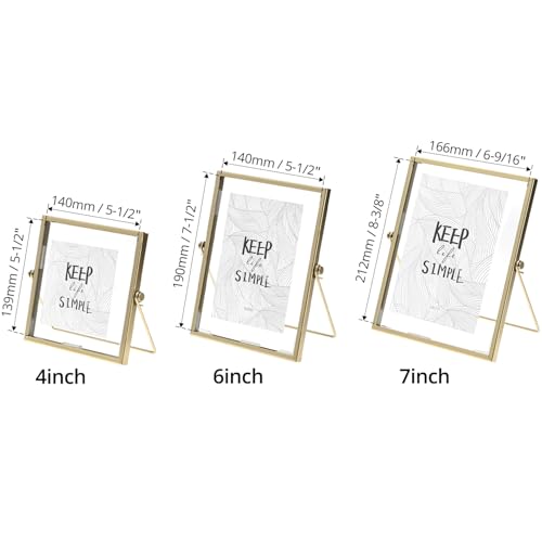 QWORK Gold Floating Picture Fram, Set of 3 Glass Double Panel Metal Frame, Includes 5x7, 4x6, 4x4, Tabletop Display for Po...