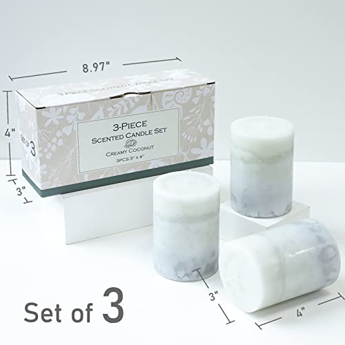 Set of 3 Scented Pillar Candles Creamy Coconut Scented 3" x 4" Long-Lasting Burn Candle White Gray Palette Pillar Candle C...