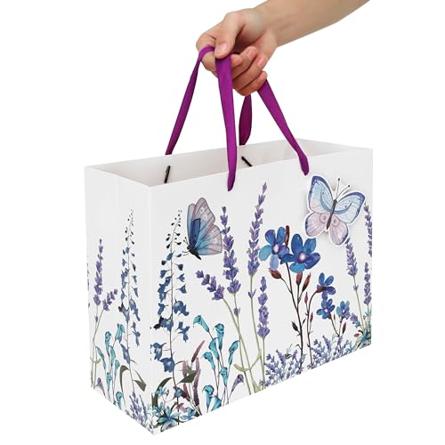 Qirrmiy 13" Large Purple Gift Bag Set with Greeting Card and Tissue Paper (Lavender and 3D Butterfly) Women's Birthday, Mo...