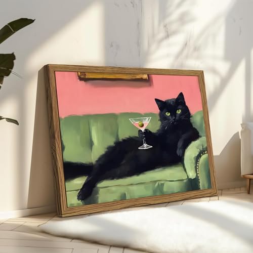 Funny Black Cat Martini Wall Art, Bar Cart Decor, Eclectic Cocktail Painting Canvas Print, Cute Animal Artwork Picture for...