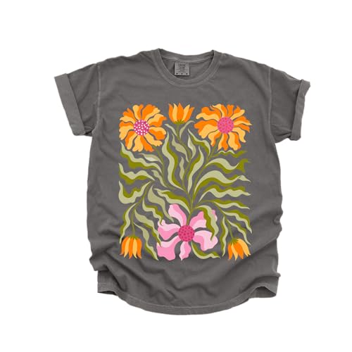 Retro 70s Floral Design - Womens Comfort Colors - Pepper Grey Groovy Botanical Wildflower Graphic Tee