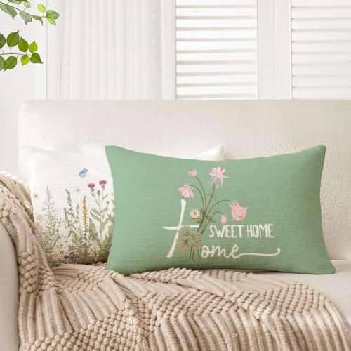 Miuyunya Spring Decorative Throw Pillow Covers Set of 4 Sage Green Couch Pillows Square Linen Wild Flower Plant Cushion Co...