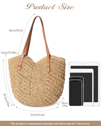 Loiyadn Beach Bags for Women - Straw Bag with Zipper, Soft Woven beach bag, Casual Straw Shoulder Bag for Daily Use