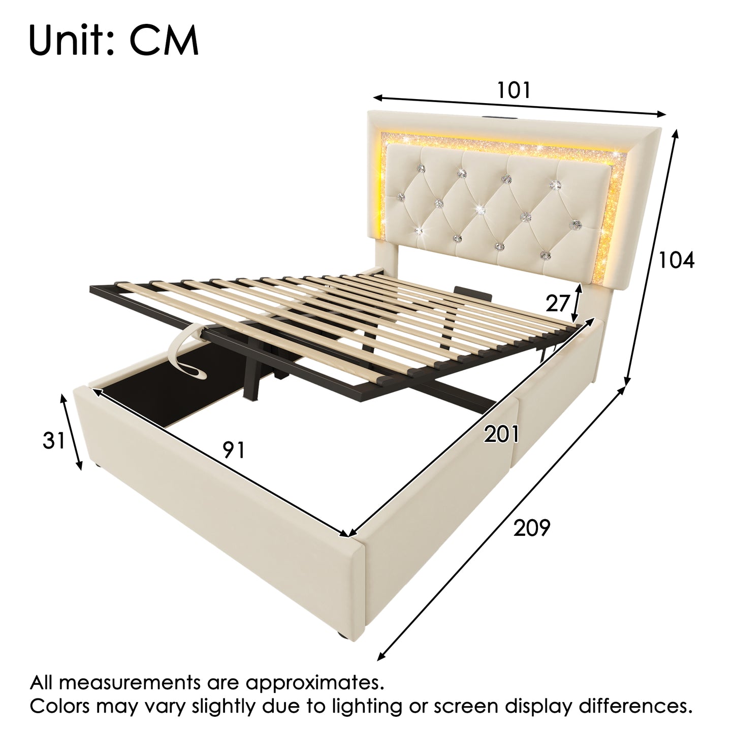 Upholstered Bed 90x200 Cm Velvet Single Bed With LED Diamond Band In The Headboard, USB & Type-C Charging Station, Hydraulic Bed Base With Storage Space, Modern Youth Bed With Slatted Frame, Beige