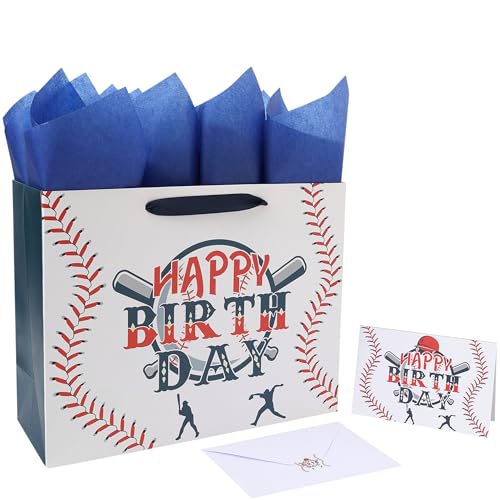 wishinside 13” Large Baseball Happy Birthday Gift Bag Set with Handles, Greeting Card, Tissue Papers and Stickers for Boys...