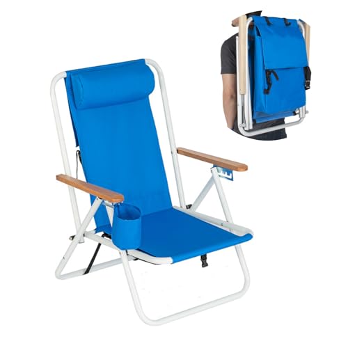 Outvita Folding Beach Chair Adjustable Headrest w/4 Flexible Tilt Angle, Cup Holder Portable High Strength Cleanable Fabri...