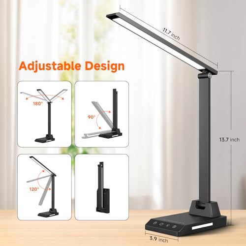 ShineTech LED Desk Lamp with USB-C Charging Port, Dimmable Desk Lamp for Home Office, Eye-Caring Reading Lamp with 25 Ligh...
