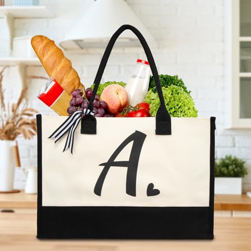 shenee Initial Canvas Tote Bag, Personalized Beach Jute Bag Present for Women Holiday,Friends Birthday Gift,Wedding, New Year