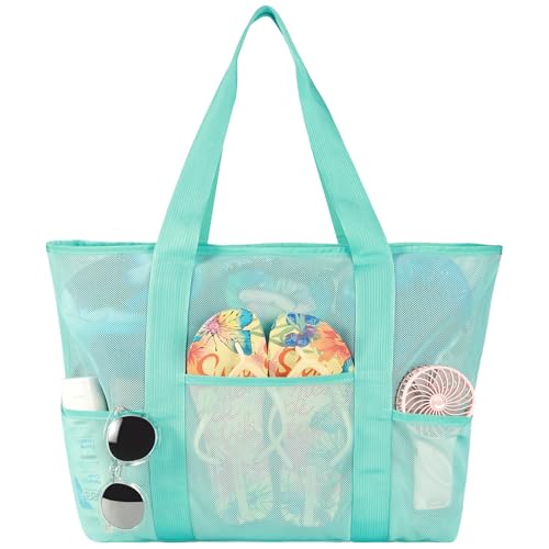 coclothy Mesh Beach Bag, Large Bag with Zipper Beach Bags for Women Waterproof Sandproof with 5 Pockets Green