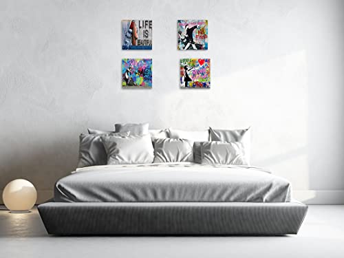 Biufo Banksy Canvas Wall Art Artwork Graffiti Street Print Pictures for Bedroom Living Room Wall Decor (12"x12"x4Pcs)