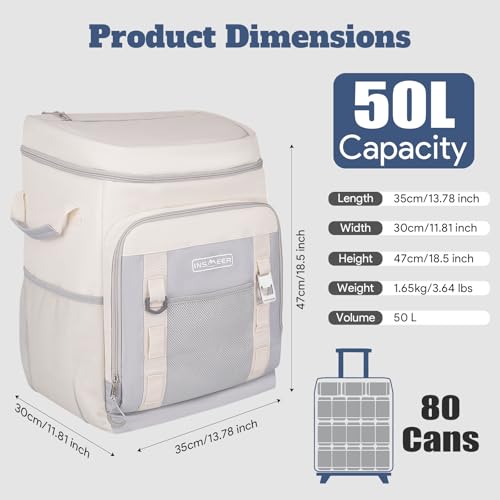 INSMEER Cooler with Wheels and Handle, 80 Cans/50L Rolling Cooler, Portable Soft Sided Cooler with Wheel, 2-in-1 Collapsib...
