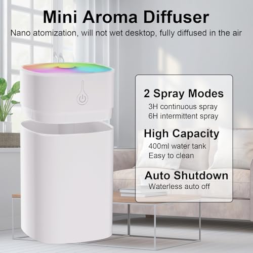 400ml Small Diffuser - Small Oil Diffuser for Desk, Portable Mini Humidifier Aromatherapy Diffusers with 2 Spray Modes, Wa...
