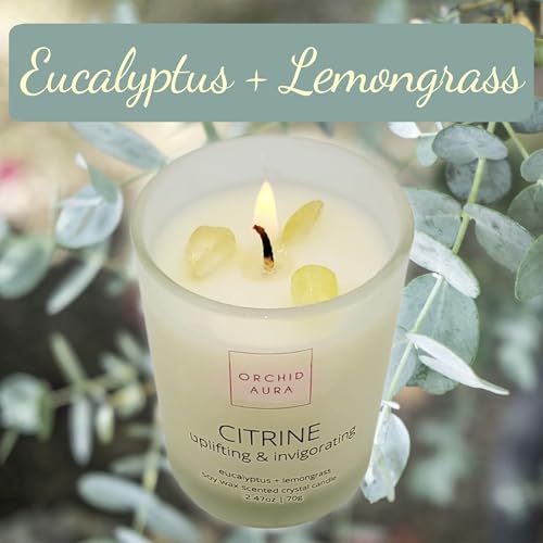 ORCHID AURA Soy Candles with Healing Crystals. Citrine, Rose Quartz, Amethyst Crystal. Eucalyptus + Lemongrass, Jasmine + ...