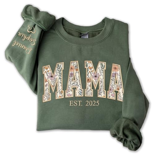 UrbanNEST Personalized Floral Embroidered Applique Mama Sweatshirt For Women, Custom Mom Gifts from Grandkids, Mama Sweate...