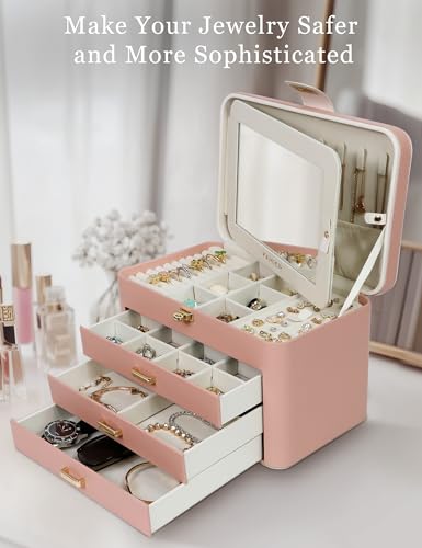 KAMIER Jewelry Organizer Box for Women - 4 Layer Drawer Jewellery Storage with Lock and Mirror - Jewelry Case for Necklace...
