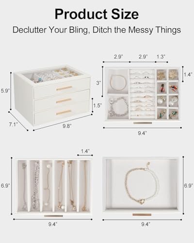 GUOER Jewelry Box for Women, Glass Lid Jewelry Organizer with 3 Drawers PU Jewelry Storage Case for Necklaces Rings Earrin...