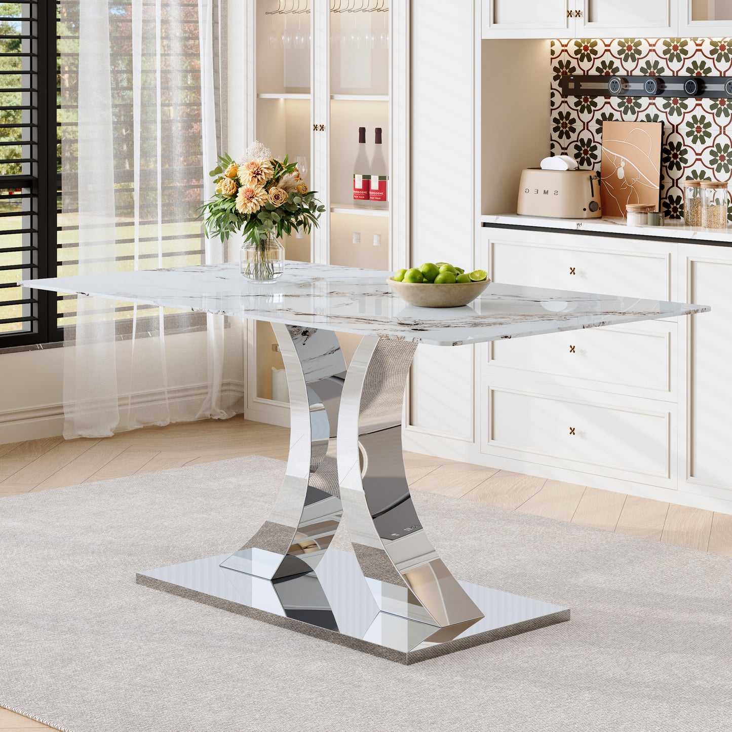 Transformable Heavy-Duty Stainless Steel Base In Silver 63in X 35in Dining Table  Luxury Pandora White Pattern Tempered Glass Rock Top For Kitchen Dining Room