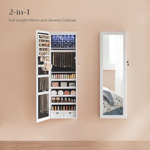 SONGMICS 6 LEDs Mirror Jewelry Cabinet, 47.2-Inch Tall Lockable Wall or Door Mounted Jewelry Armoire Organizer with Mirro...