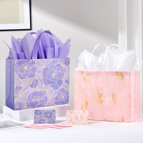 YANGTE 2 Pack 13" Large Beautiful Gift Bags Set with Greeting Card and Tissue Paper, Reusable Non-Woven Gift Wrap Bags wit...