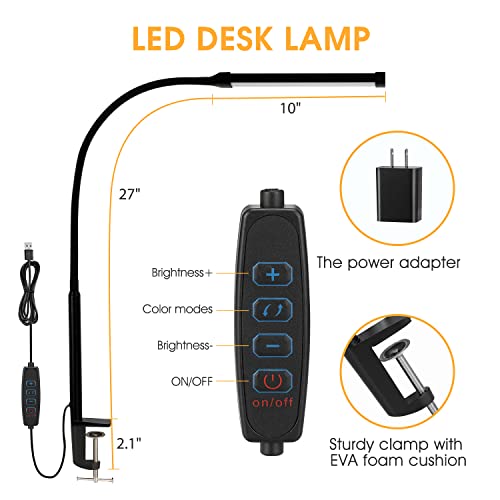 Voncerus LED Desk Lamp with Clamp, Eye-Caring Clip on Lights for Home Office, 3 Modes 10 Brightness, Long Flexible Goose-N...