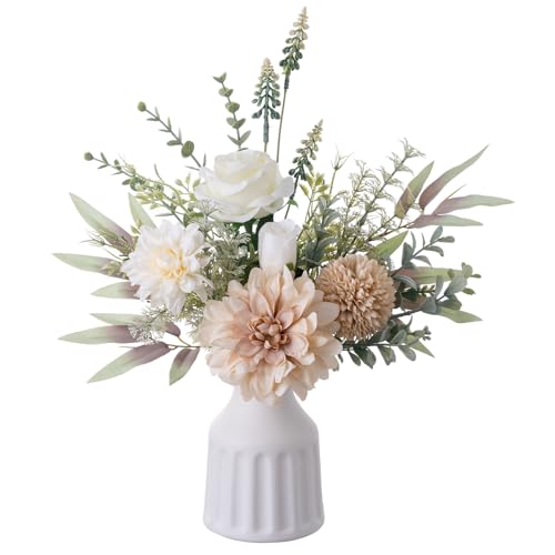 Fake Flowers in Vase, Artificial Flowers with Vase, 15.7'' Floral Arrangements for Dining Table Centerpiece Decor, Silk Ro...