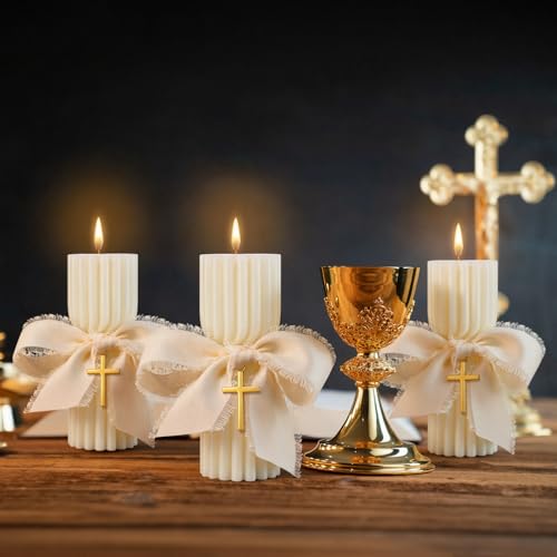 Conelist 12 Set Baptism Candle Cirios Pascual Catolico Catholic First Communion Candles with Bows and Crosses Church Praye...