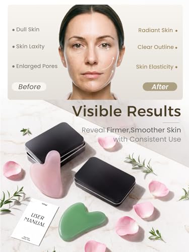 2PCS Gua Sha Facial Tools, Guasha Tool to Reduce Facial Puffiness & Tension, Lymphatic Drainage Massage Tool for Face, Nec...