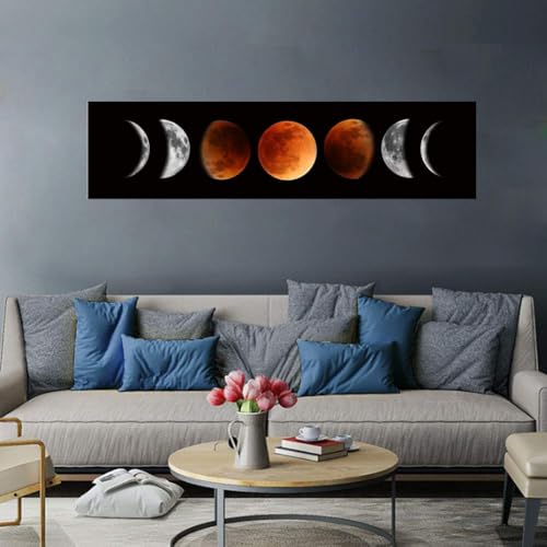 Ohhvvow Moon Phase Wall Art Painting, 47L x 11.8W Black and Tawny Modern Abstract Canvas Wall Art Painting for Living Room...