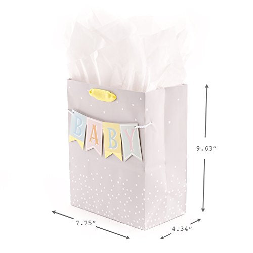 Hallmark 9" Medium Baby Gift Bag with Tissue Paper - Baby Banner in Grey, Pink and Blue for Baby Showers, New Parents, and...