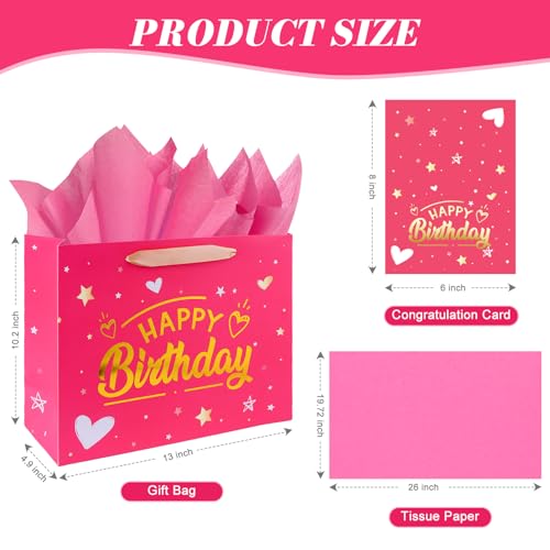 Yixiang Birthday Gift Bags,13 Inches Birthday Gift Bag with Tissue Paper and Greeting Card for Women,Girls