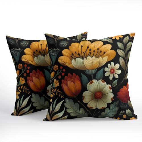 Vintage Boho Floral Pillow Covers 20x20 Inches Yellow Beige Black Throw Pillow Case Set of 2 Spring Flower Pillow Cover Co...
