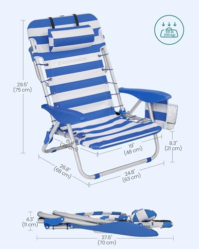 SONGMICS Portable Backpack Beach Chair, 331 lb Capacity, 4 Angles Adjustable Backrest, 2 Side Pockets, Towel Bar, Blue and...
