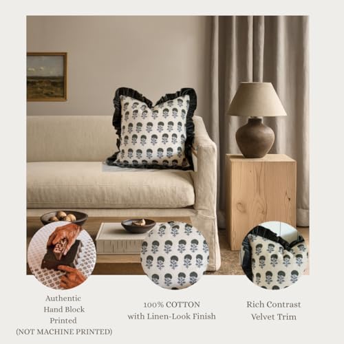Palm & Loom 100% Cotton Linen Cushion Cover - Aira Decorative Throw Pillow Case with Dark Green & Blue with Ruffle - Moder...