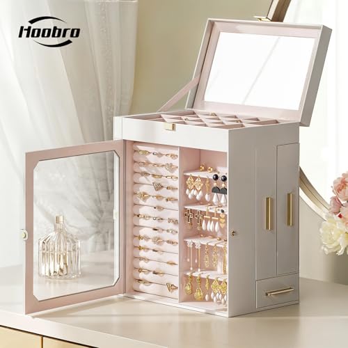HOOBRO Jewelry Box with Mirror, Travel Jewelry Organizer with Glass Window, Jewelry Storage Case, Vertical Storage, Gift f...