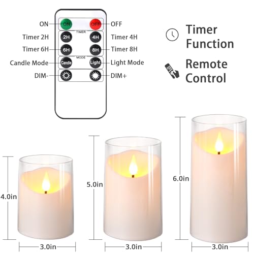 NURADA Flameless Candles with Remote Timer: 3D Wick Battery Operated Led Pillar Unbreakable Acrylic Fake Candle Set for Ho...