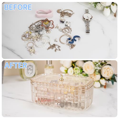 NiHome Transparent 3-Layer Jewelry Organizer Box with Elegant Gold Handle, Efficient Storage Versatile for Earrings, Ring...