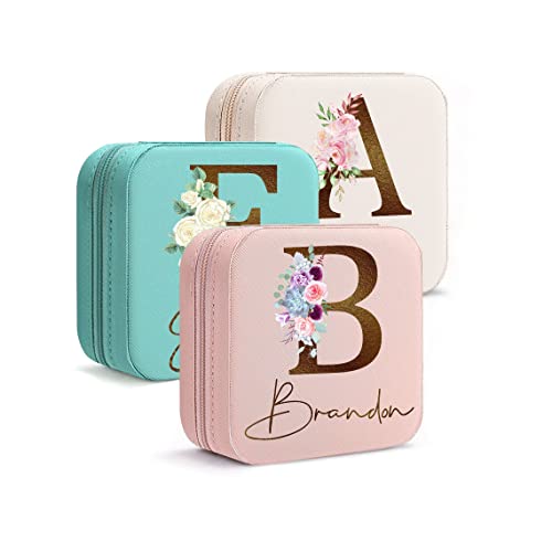 DayOfShe Personalized Bridesmaid Gifts-Travel Jewelry Box for Bachelorette Party Gifts-Leather Initial Floral Jewelry Orga...